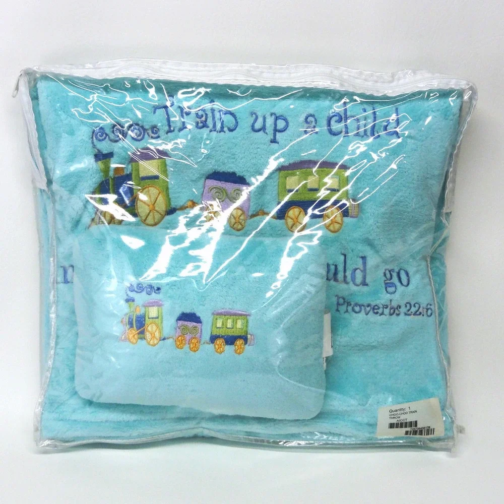 Baby Blanket Throw Bible Verse Train Up A Child Blue Fleece 40 x 30